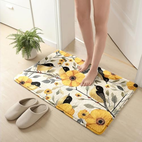 Badezimmermatte Gelbe Blume Vogel Duschteppich Weich Bath Mat Saugfähige Duschvorleger rutschfest Badezimmerteppich Waschbar Badteppich Fußmatte Badezimmer Badmatte (50x80cm) von Homeyang