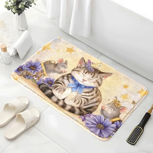 Badezimmermatte Gelbe Katze Lila Duschteppich Weich Bath Mat Saugfähige Duschvorleger rutschfest Badezimmerteppich Waschbar Badteppich Fußmatte Badezimmer Badmatte (50x80cm) von Homeyang