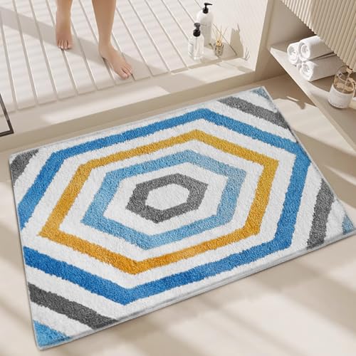 Badezimmermatte Geometrisches Blau Gelb Duschteppich Weich Bath Mat Saugfähige Duschvorleger rutschfest Badezimmerteppich Waschbar Badteppich Fußmatte Badezimmer Badmatte (50x80cm) von Homeyang