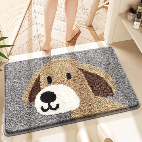 Badezimmermatte Grau Braun Hund Duschteppich Weich Bath Mat Saugfähige Duschvorleger rutschfest Badezimmerteppich Waschbar Badteppich Fußmatte Badezimmer Badmatte (50x80cm) von Homeyang