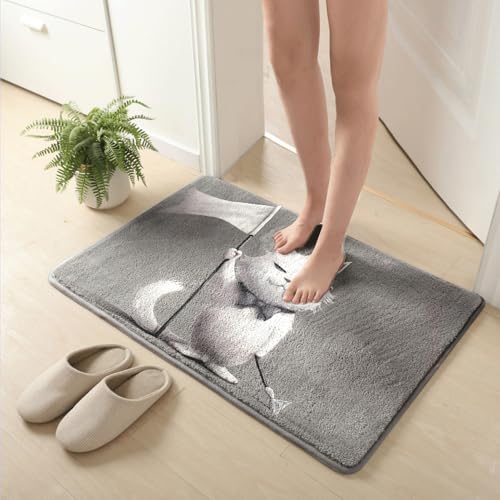 Badezimmermatte Graue Weiße Katze Duschteppich Weich Bath Mat Saugfähige Duschvorleger rutschfest Badezimmerteppich Waschbar Badteppich Fußmatte Badezimmer Badmatte (40x60cm) von Homeyang