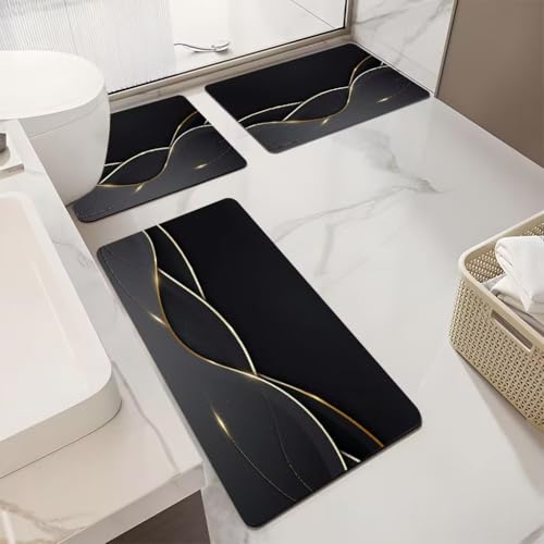 Badezimmermatte Graugoldene Linien Bad Vorleger Diatomite Bath Mat Wasseraufnahme rutschfeste Badematte Fußmatte Duschvorleger WC Teppich Waschbar Badezimmerteppich (60x90cm) von Homeyang