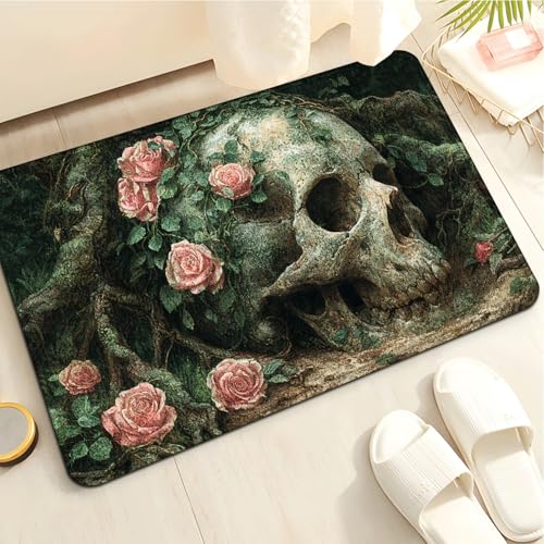 Badezimmermatte Green Leaf Skull Duschteppich Weich Bath Mat Saugfähige Duschvorleger rutschfest Badezimmerteppich Waschbar Badteppich Fußmatte Badezimmer Badmatte (40x60cm) von Homeyang