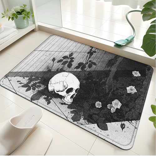 Badezimmermatte Grey Skull Flower Duschteppich Weich Bath Mat Saugfähige Duschvorleger rutschfest Badezimmerteppich Waschbar Badteppich Fußmatte Badezimmer Badmatte (50x80cm) von Homeyang