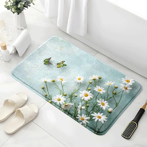 Badezimmermatte Grüner Schmetterling Blumen Duschteppich Weich Bath Mat Saugfähige Duschvorleger rutschfest Badezimmerteppich Waschbar Badteppich Fußmatte Badezimmer Badmatte (40x60cm) von Homeyang