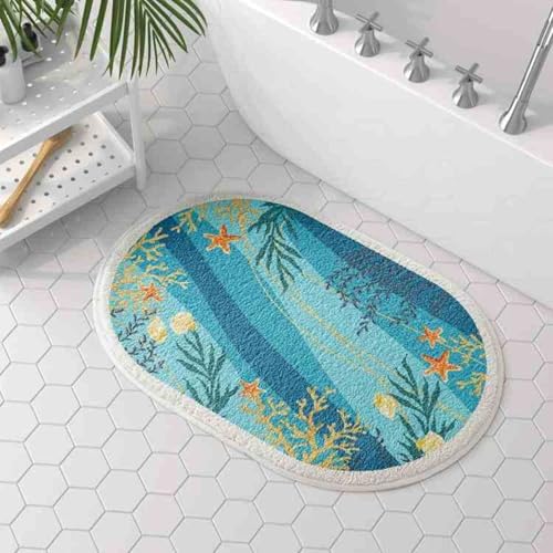 Badezimmermatte Korallenblau Gelb Duschteppich Weich Bath Mat Saugfähige Duschvorleger rutschfest Badezimmerteppich Waschbar Badteppich Fußmatte Badezimmer Badmatte (50x80cm) von Homeyang