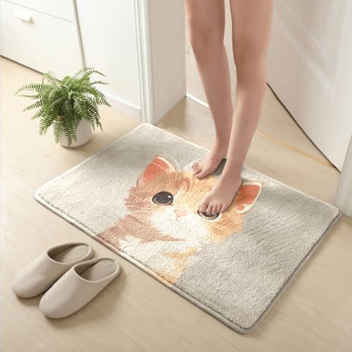 Badezimmermatte Orange Beige Katze Duschteppich Weich Bath Mat Saugfähige Duschvorleger rutschfest Badezimmerteppich Waschbar Badteppich Fußmatte Badezimmer Badmatte (50x80cm) von Homeyang