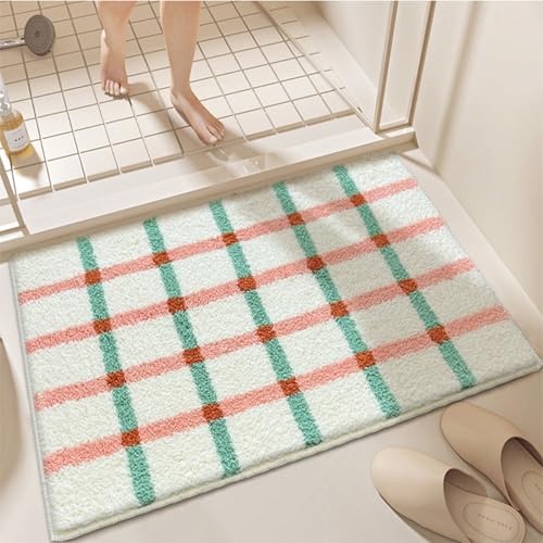Badezimmermatte Orange Grün Grid Duschteppich Weich Bath Mat Saugfähige Duschvorleger rutschfest Badezimmerteppich Waschbar Badteppich Fußmatte Badezimmer Badmatte (50x80cm) von Homeyang