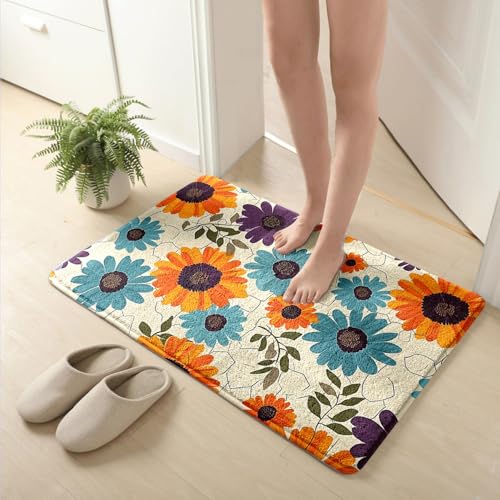 Badezimmermatte Orangeblaue Blume Duschteppich Weich Bath Mat Saugfähige Duschvorleger rutschfest Badezimmerteppich Waschbar Badteppich Fußmatte Badezimmer Badmatte (50x80cm) von Homeyang