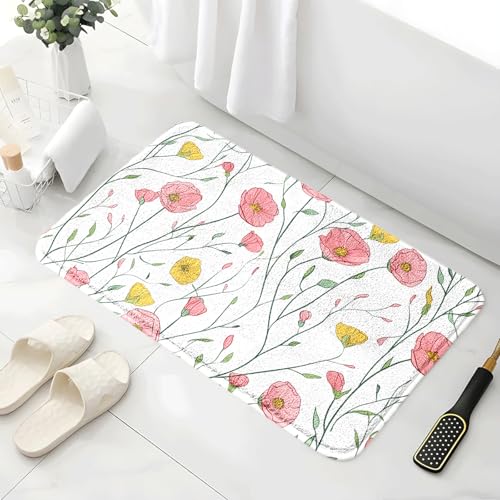 Badezimmermatte Rosa Gelb Blumen Duschteppich Weich Bath Mat Saugfähige Duschvorleger rutschfest Badezimmerteppich Waschbar Badteppich Fußmatte Badezimmer Badmatte (50x80cm) von Homeyang