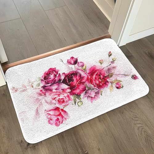 Badezimmermatte Rosa Rote Blumen Duschteppich Weich Bath Mat Saugfähige Duschvorleger rutschfest Badezimmerteppich Waschbar Badteppich Fußmatte Badezimmer Badmatte (40x60cm) von Homeyang