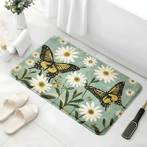Badezimmermatte Schmetterling Grün Gelb Duschteppich Weich Bath Mat Saugfähige Duschvorleger rutschfest Badezimmerteppich Waschbar Badteppich Fußmatte Badezimmer Badmatte (40x60cm) von Homeyang