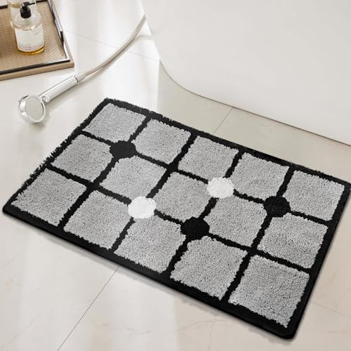 Badezimmermatte Schwarz Grau Grid Duschteppich Weich Bath Mat Saugfähige Duschvorleger rutschfest Badezimmerteppich Waschbar Badteppich Fußmatte Badezimmer Badmatte (40x60cm) von Homeyang