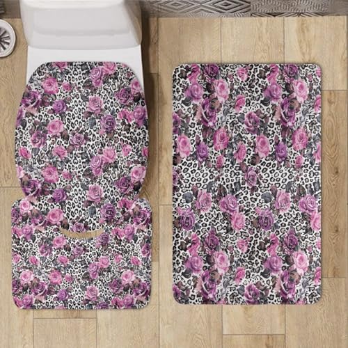 Badteppich Set Lila Leopard Druck Blume Badezimmermatte rutschfest Waschbar Bad Vorleger Dekoration Schnell Trocknend Badgarnitur 3 Teilig Stand WC Deckelbezug Bath Mat 50x80 cm von Homeyang