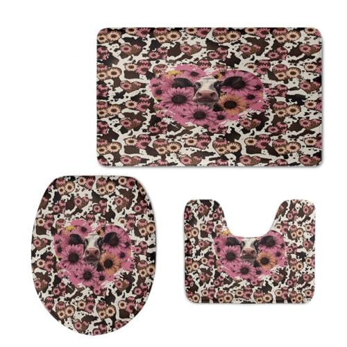 Badteppich Set Rosa Blumen Kuh Badezimmermatte rutschfest Waschbar Bad Vorleger Dekoration Schnell Trocknend Badgarnitur 3 Teilig Stand WC Deckelbezug Bath Mat 50x80 cm von Homeyang