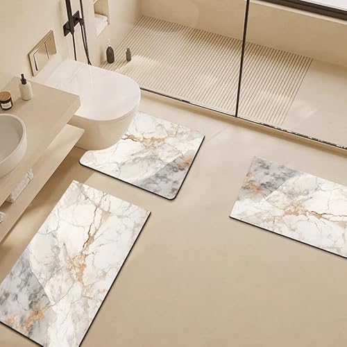 Badvorleger Set Goldener Beiger Marmor Badezimmermatte Diatomite Badezimmerteppich Bad Teppiche Set Waschbar WC Teppich rutschfeste Badematte Wasseraufnahme Badgarnitur 3 Stücke von Homeyang