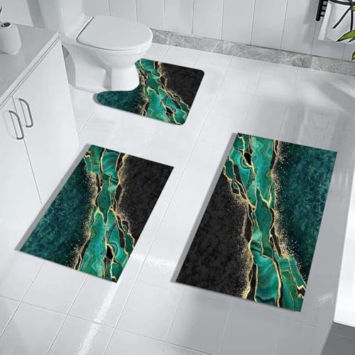 Badvorleger Set Marmor Grünem Gold Badezimmermatte Diatomite Badezimmerteppich Bad Teppiche Set Waschbar WC Teppich rutschfeste Badematte Wasseraufnahme Badgarnitur 3 Stücke von Homeyang