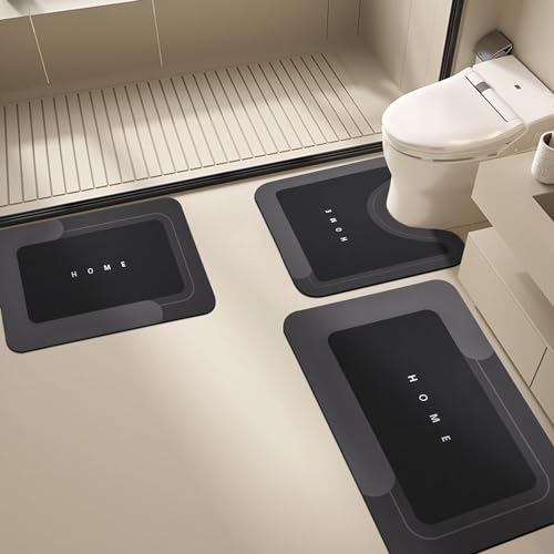Badvorleger Set Schwarz Grau Badezimmermatte Diatomite Badezimmerteppich Bad Teppiche Set Waschbar WC Teppich rutschfeste Badematte Wasseraufnahme Badgarnitur 3 Stücke von Homeyang
