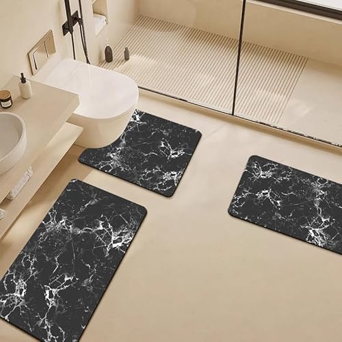 Badvorleger Set Schwarzer Weißer Marmor Badezimmermatte Diatomite Badezimmerteppich Bad Teppiche Set Waschbar WC Teppich rutschfeste Badematte Wasseraufnahme Badgarnitur 3 Stücke von Homeyang