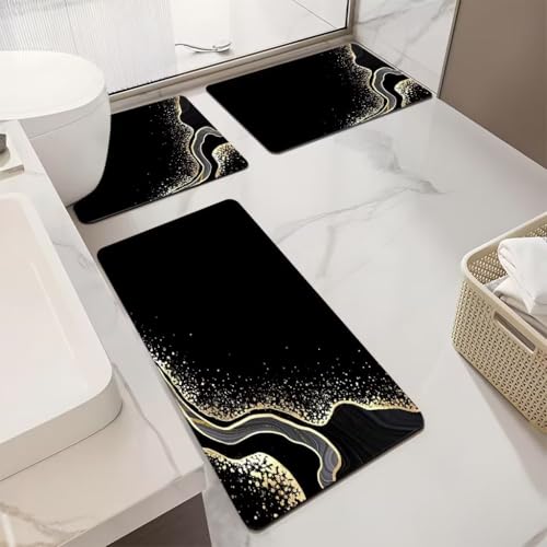 Badvorleger Set Schwarzes Gold Abstract Badezimmermatte Diatomite Badezimmerteppich Bad Teppiche Set Waschbar WC Teppich rutschfeste Badematte Wasseraufnahme Badgarnitur 3 Stücke von Homeyang