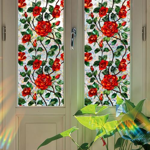 Milchglasfolie 43x100 cm Rot Grün Elegant Fensterfolie Badezimmer Sichtschutzfolie Fenster Büro Fensterfolie Blickdicht Wiederverwendbar Folie Fenster Sichtschutz Fenster Folie 2 Stück von Homeyang
