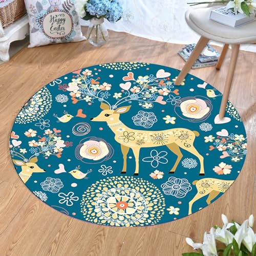 Teppich Rund 120 Blau Gelb Blumen Teppiche Wohnzimmer Schlafzimmer Anti Rutsch Dekorativ für Garten Terrasse Balkonteppich Waschbare Flauschiger Teppich von Homeyang