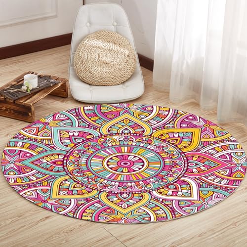 Teppich Rund 120 Rosa Mandala Gelb Teppiche Wohnzimmer Schlafzimmer Anti Rutsch Dekorativ für Garten Terrasse Balkonteppich Waschbare Flauschiger Teppich von Homeyang