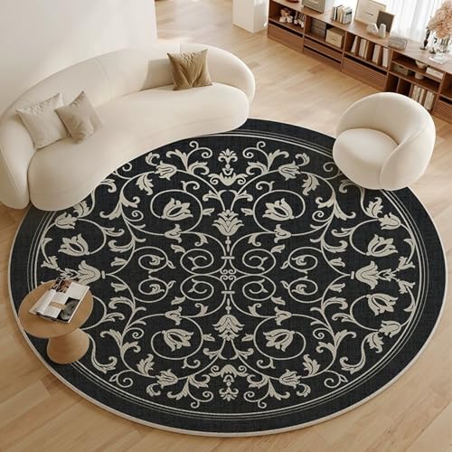 Teppich Rund Schwarze Retro Blume Waschbarer Teppich Wohnzimmer Schlafzimmer Weich Anti Rutsch Dekoration für Indoor Outdoor Balkonteppich Wohnzimmerteppich 60 cm von Homeyang