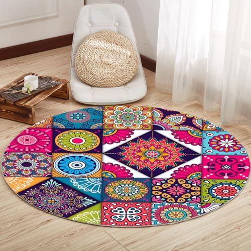 Teppich Wohnzimmer Rund Rosa Blaue Mandala Teppiche Wohnzimmer Kinderzimmer Schlafzimmer Flauschiger für Garten Terrasse Dekorativ Waschbarer Runder Teppich 80 cm von Homeyang
