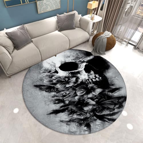Teppich Wohnzimmer Rund Schwarze Blume Schädel Teppiche Wohnzimmer Kinderzimmer Schlafzimmer Flauschiger für Garten Terrasse Dekorativ Waschbarer Runder Teppich 80 cm von Homeyang