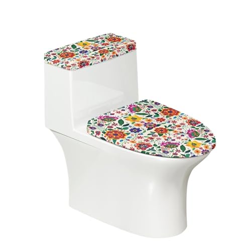 Toilettendeckel Blätter Rote Blumen WC Deckelbezug Polyester Universal Waschbar mit Elastikrand Toilettenbrille Toilettenwassertank Schutzabdeckung Toilettendeckelbezug (4 Stück) von Homeyang