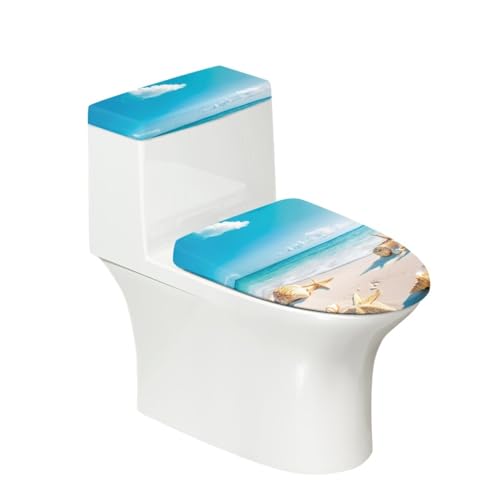 Toilettendeckel Blau Beige Strand WC Deckelbezug Polyester Universal Waschbar mit Elastikrand Toilettenbrille Toilettenwassertank Schutzabdeckung Toilettendeckelbezug (4 Stück) von Homeyang