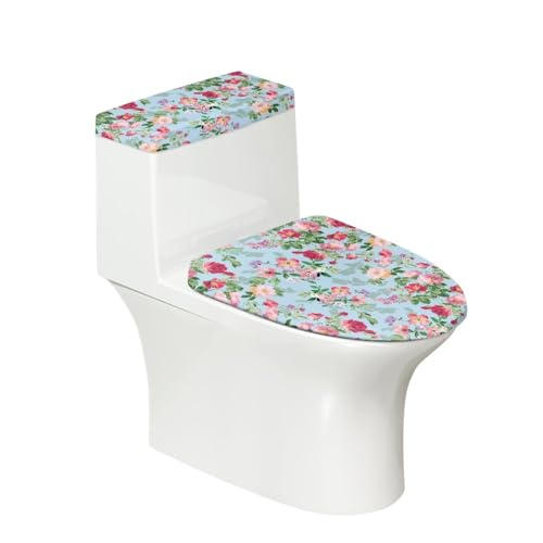 Toilettendeckel Blau Rot Blumen WC Deckelbezug Polyester Universal Waschbar mit Elastikrand Toilettenbrille Toilettenwassertank Schutzabdeckung Toilettendeckelbezug (4 Stück) von Homeyang