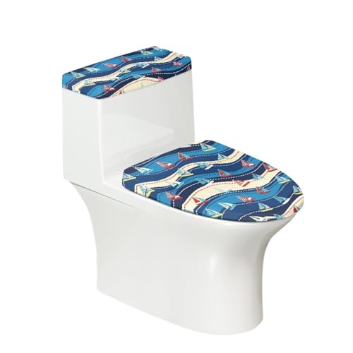 Toilettendeckel Blau Rotes Segelboot WC Deckelbezug Polyester Universal Waschbar mit Elastikrand Toilettenbrille Toilettenwassertank Schutzabdeckung Toilettendeckelbezug (4 Stück) von Homeyang