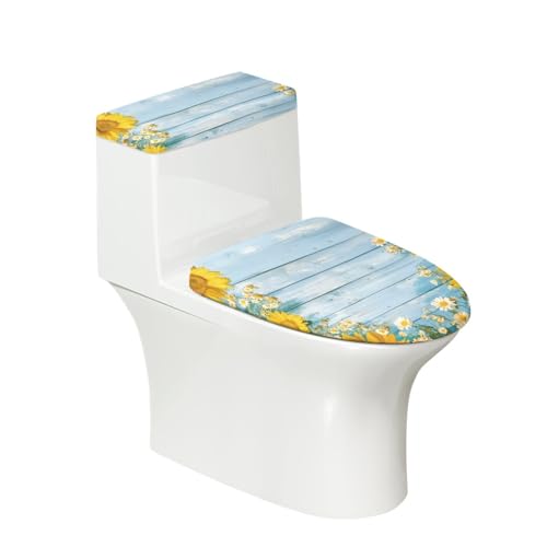 Toilettendeckel Blaue Holzplatte WC Deckelbezug Polyester Universal Waschbar mit Elastikrand Toilettenbrille Toilettenwassertank Schutzabdeckung Toilettendeckelbezug (2 Stück) von Homeyang