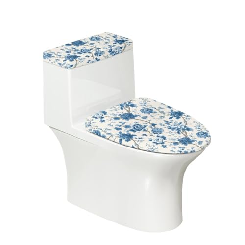Toilettendeckel Blaue Retro Blume WC Deckelbezug Polyester Universal Waschbar mit Elastikrand Toilettenbrille Toilettenwassertank Schutzabdeckung Toilettendeckelbezug (4 Stück) von Homeyang