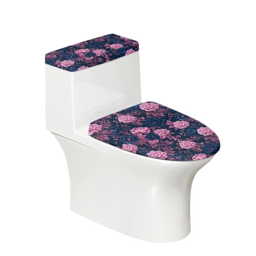 Toilettendeckel Blaue Rosa Blume WC Deckelbezug Polyester Universal Waschbar mit Elastikrand Toilettenbrille Toilettenwassertank Schutzabdeckung Toilettendeckelbezug (4 Stück) von Homeyang
