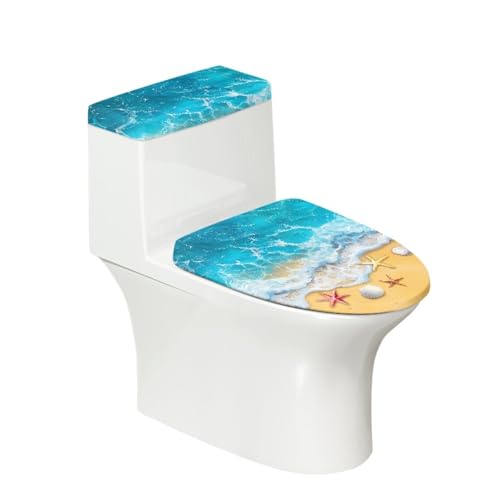 Toilettendeckel Blauer Gelber Strand WC Deckelbezug Polyester Universal Waschbar mit Elastikrand Toilettenbrille Toilettenwassertank Schutzabdeckung Toilettendeckelbezug (4 Stück) von Homeyang