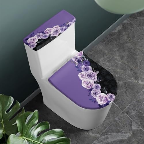 Toilettendeckel Elegante Lila Blumen WC Deckelbezug Polyester Universal Waschbar mit Elastikrand Toilettenbrille Toilettenwassertank Schutzabdeckung Toilettendeckelbezug (4 Stück) von Homeyang