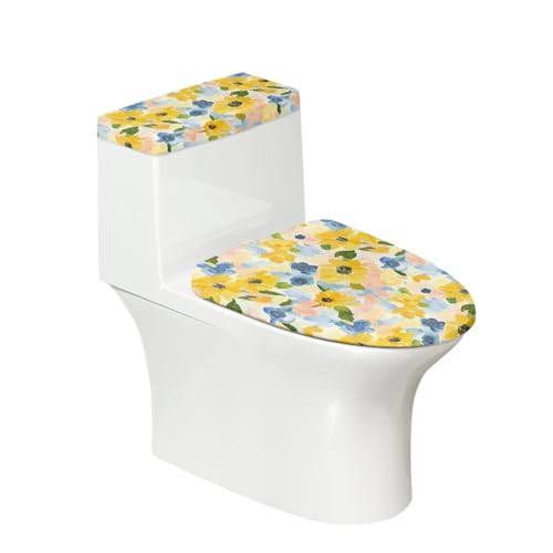 Toilettendeckel Gelb Blaue Blume WC Deckelbezug Polyester Universal Waschbar mit Elastikrand Toilettenbrille Toilettenwassertank Schutzabdeckung Toilettendeckelbezug (2 Stück) von Homeyang