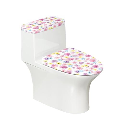 Toilettendeckel Gelb Rosa Blumen WC Deckelbezug Polyester Universal Waschbar mit Elastikrand Toilettenbrille Toilettenwassertank Schutzabdeckung Toilettendeckelbezug (4 Stück) von Homeyang