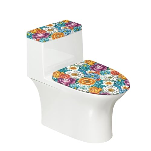 Toilettendeckel Grüne Gelbe Blumen WC Deckelbezug Polyester Universal Waschbar mit Elastikrand Toilettenbrille Toilettenwassertank Schutzabdeckung Toilettendeckelbezug (4 Stück) von Homeyang