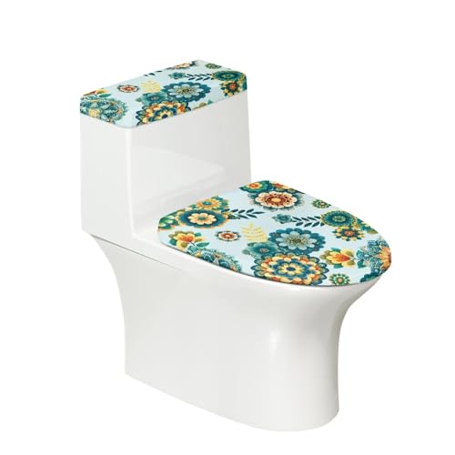 Toilettendeckel Grüne Mandala Blätter WC Deckelbezug Polyester Universal Waschbar mit Elastikrand Toilettenbrille Toilettenwassertank Schutzabdeckung Toilettendeckelbezug (4 Stück) von Homeyang