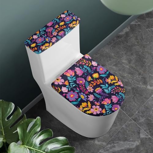 Toilettendeckel Lila Rosa Blumen WC Deckelbezug Polyester Universal Waschbar mit Elastikrand Toilettenbrille Toilettenwassertank Schutzabdeckung Toilettendeckelbezug (4 Stück) von Homeyang