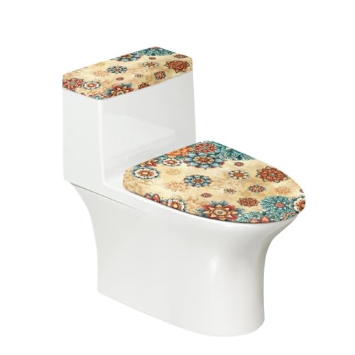 Toilettendeckel Mandala Orange Gelb WC Deckelbezug Polyester Universal Waschbar mit Elastikrand Toilettenbrille Toilettenwassertank Schutzabdeckung Toilettendeckelbezug (4 Stück) von Homeyang
