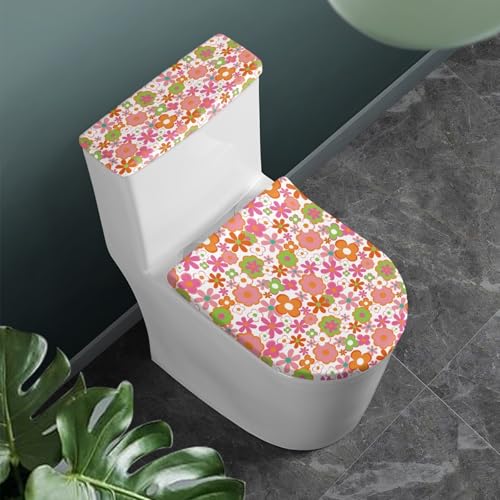 Toilettendeckel Orange Grün Blumen WC Deckelbezug Polyester Universal Waschbar mit Elastikrand Toilettenbrille Toilettenwassertank Schutzabdeckung Toilettendeckelbezug (2 Stück) von Homeyang