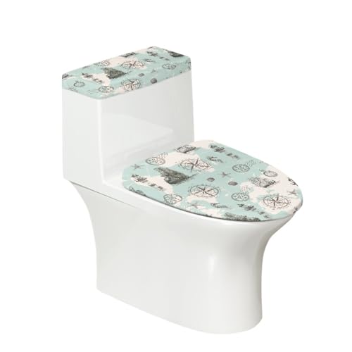 Toilettendeckel Retro Grünes Seepferd WC Deckelbezug Polyester Universal Waschbar mit Elastikrand Toilettenbrille Toilettenwassertank Schutzabdeckung Toilettendeckelbezug (4 Stück) von Homeyang