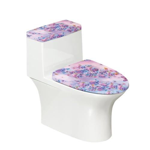 Toilettendeckel Rosablauer Schmetterling WC Deckelbezug Polyester Universal Waschbar mit Elastikrand Toilettenbrille Toilettenwassertank Schutzabdeckung Toilettendeckelbezug (4 Stück) von Homeyang