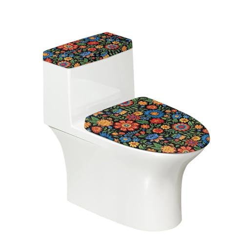 Toilettendeckel Rote Blüten Blätter WC Deckelbezug Polyester Universal Waschbar mit Elastikrand Toilettenbrille Toilettenwassertank Schutzabdeckung Toilettendeckelbezug (4 Stück) von Homeyang