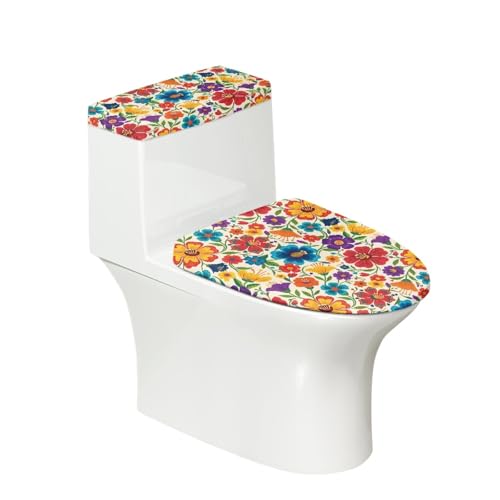 Toilettendeckel Rote Gelbe Blumen WC Deckelbezug Polyester Universal Waschbar mit Elastikrand Toilettenbrille Toilettenwassertank Schutzabdeckung Toilettendeckelbezug (4 Stück) von Homeyang
